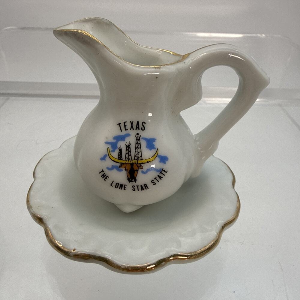 Vtg Ceramic Mini Creamer Souvenir Texas Longhorn Lone Star State Alamo Oil Gold